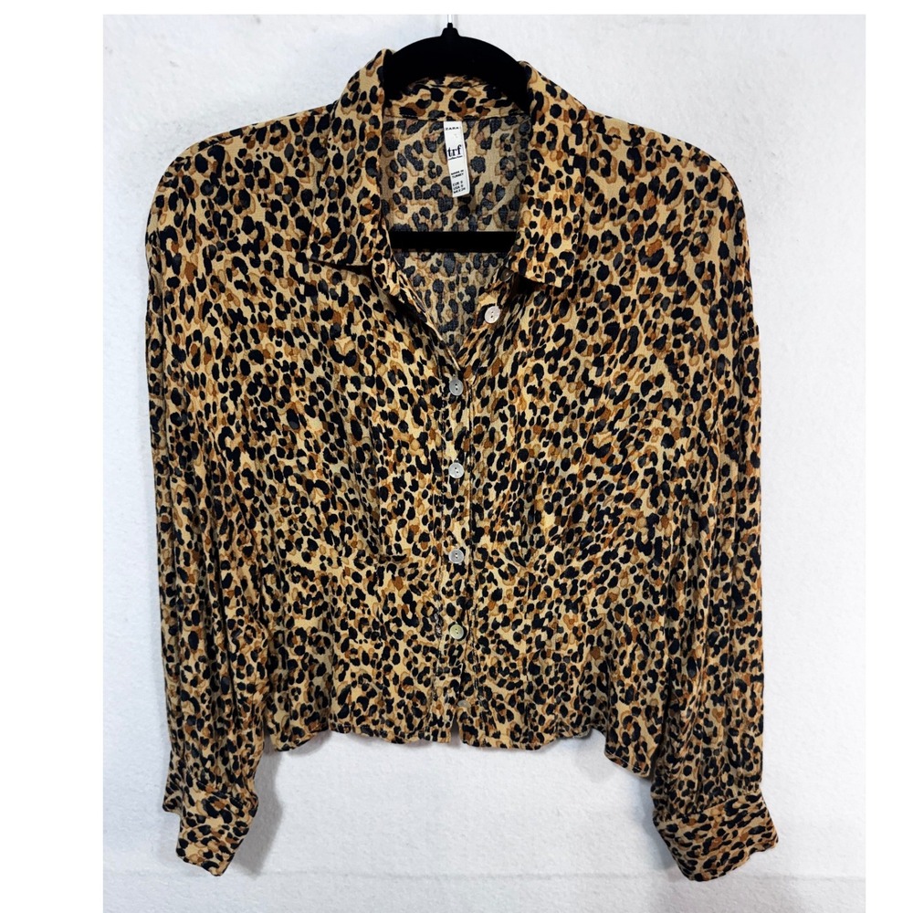 Zara Women's Small Tan Leopard Print Button Down Cropped Blouse Animal Print